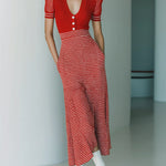 ElevenOra Chic Elegant Red Stripes Patchwork V-Neck Short-Sleeve Lace Detail Tailored Waist A-Line Hem Knit Maxi Dress