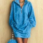 ElevenOra Chic Casual Blue Faux Suede Zip-Up Lapel Lantern Sleeve Oversized Mini Dress