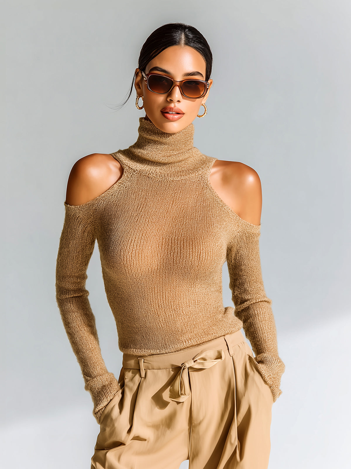 ElevenOra Chic Casual Camel Turtleneck Cutout-Shoulder Long-Sleeve Slim-Fit Knit Top