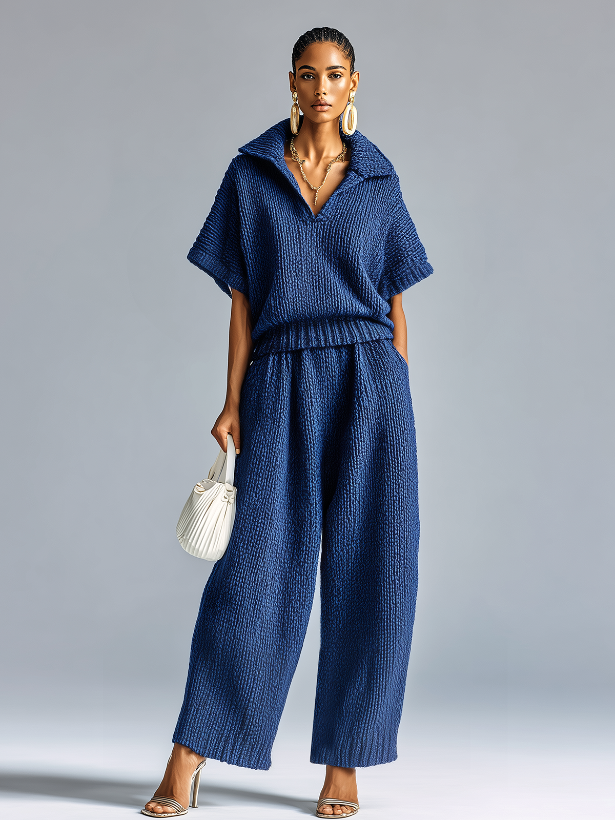 ElevenOra Fashion Casual Dark Blue Lapel V-neck Short-Sleeve Loose Sweater Wide-Leg Pants Knit Two-Piece Set