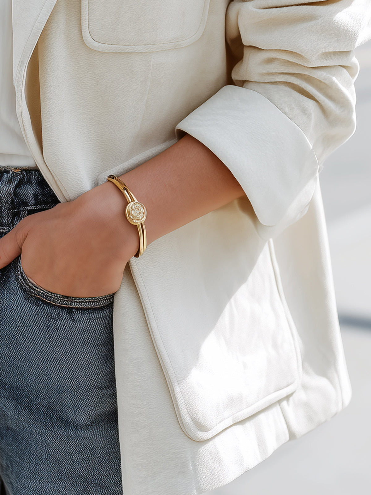 ElevenOra Casual Office Cream White Faux Suede Notch Lapel Single-Breasted Patch Pockets Oversized Blazer
