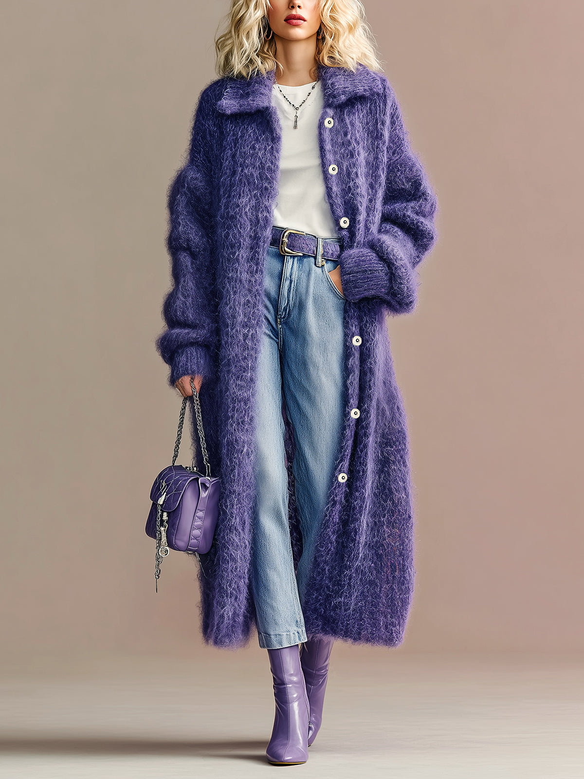 ElevenOra Chic Vintage Purple Lapel Single-Breasted Lantern Sleeve Oversized Warm Fuzzy Knit Maxi Cardigan
