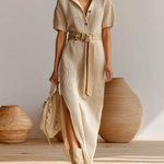 ElevenOra Stylish Elegant Camel Button-Up Lapel Collar Short-Sleeve Loose Belted Waist Side Slit Ribbed Knit Maxi Dress