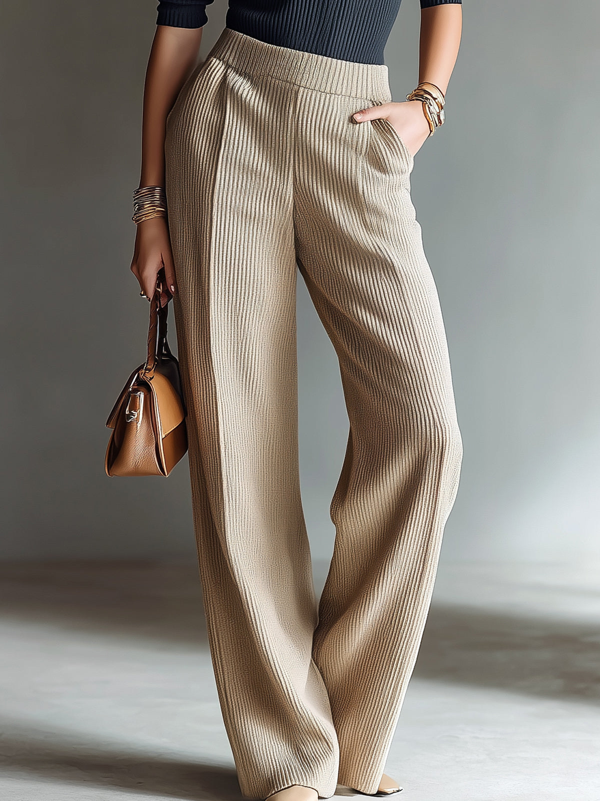 ElevenOra Casual Elegant Polo Neck Long Sleeve Slim Fit Sweater Elastic Waist Wide Leg Pants Ribbed Knit Two-Piece Set