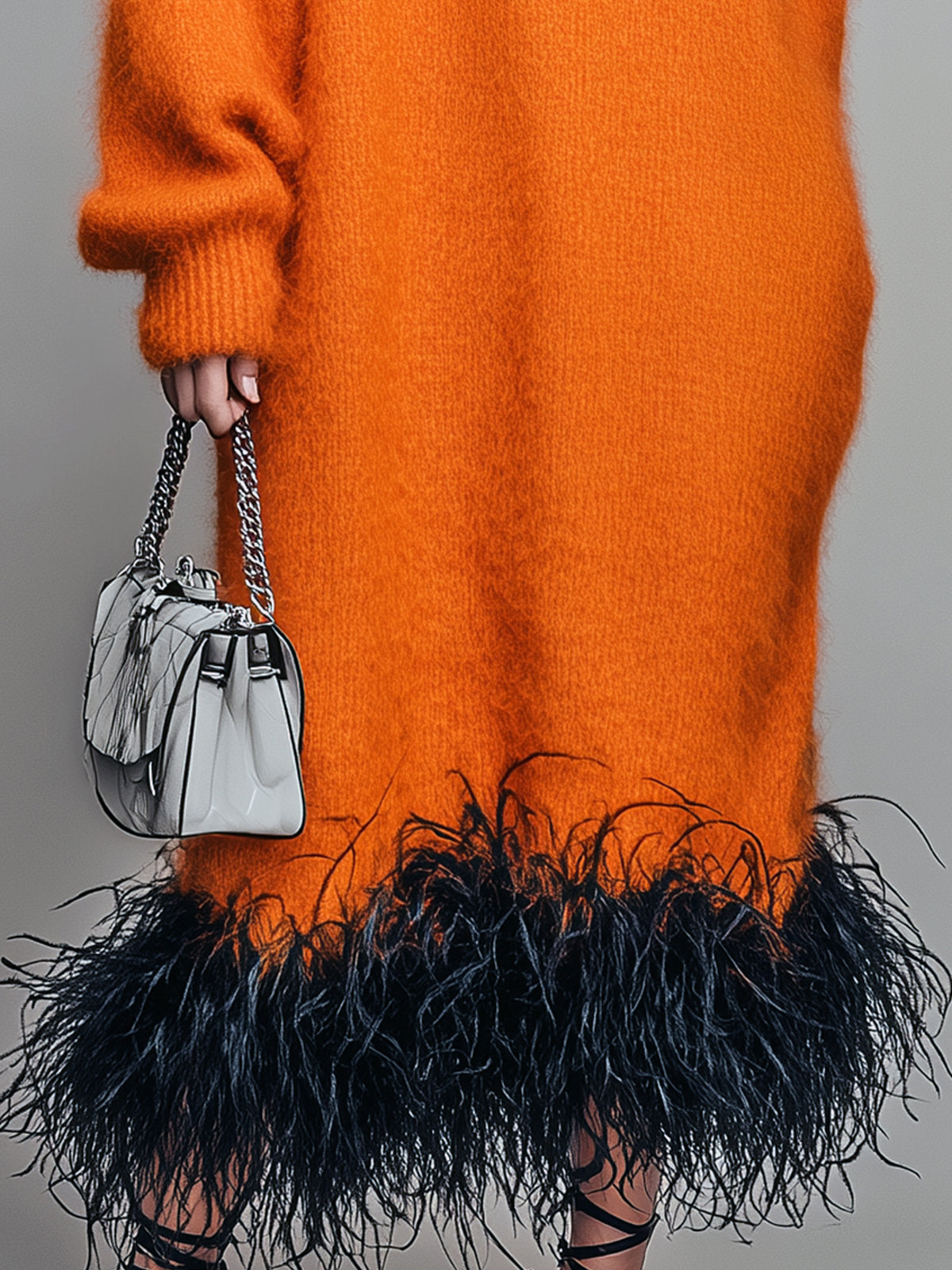 ElevenOra Chic Elegant Orange Mock Neck Long Sleeve Contrast Feather Trim Detail Oversized Knit Maxi Dress