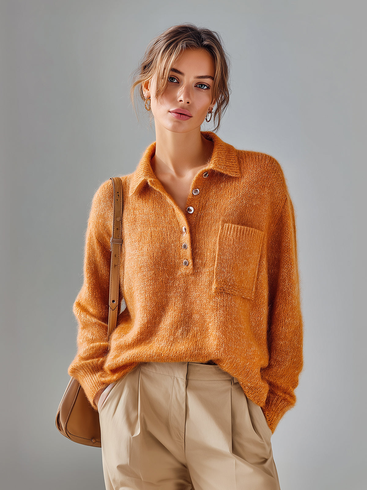 ElevenOra Chic Vintage Pumpkin Orange Polo Collar Half-Placket Pocket Fuzzy Slouchy Knit Sweater