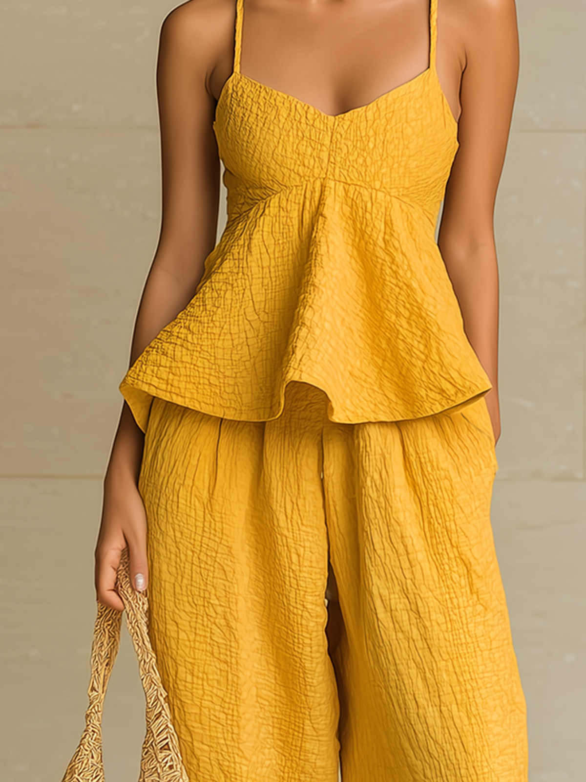 ElevenOra Chic Elegant Yellow V-Neck Flounced Hem Tank Top Loose Crinkled Fabric Wide-Leg Pants Two-Piece Set