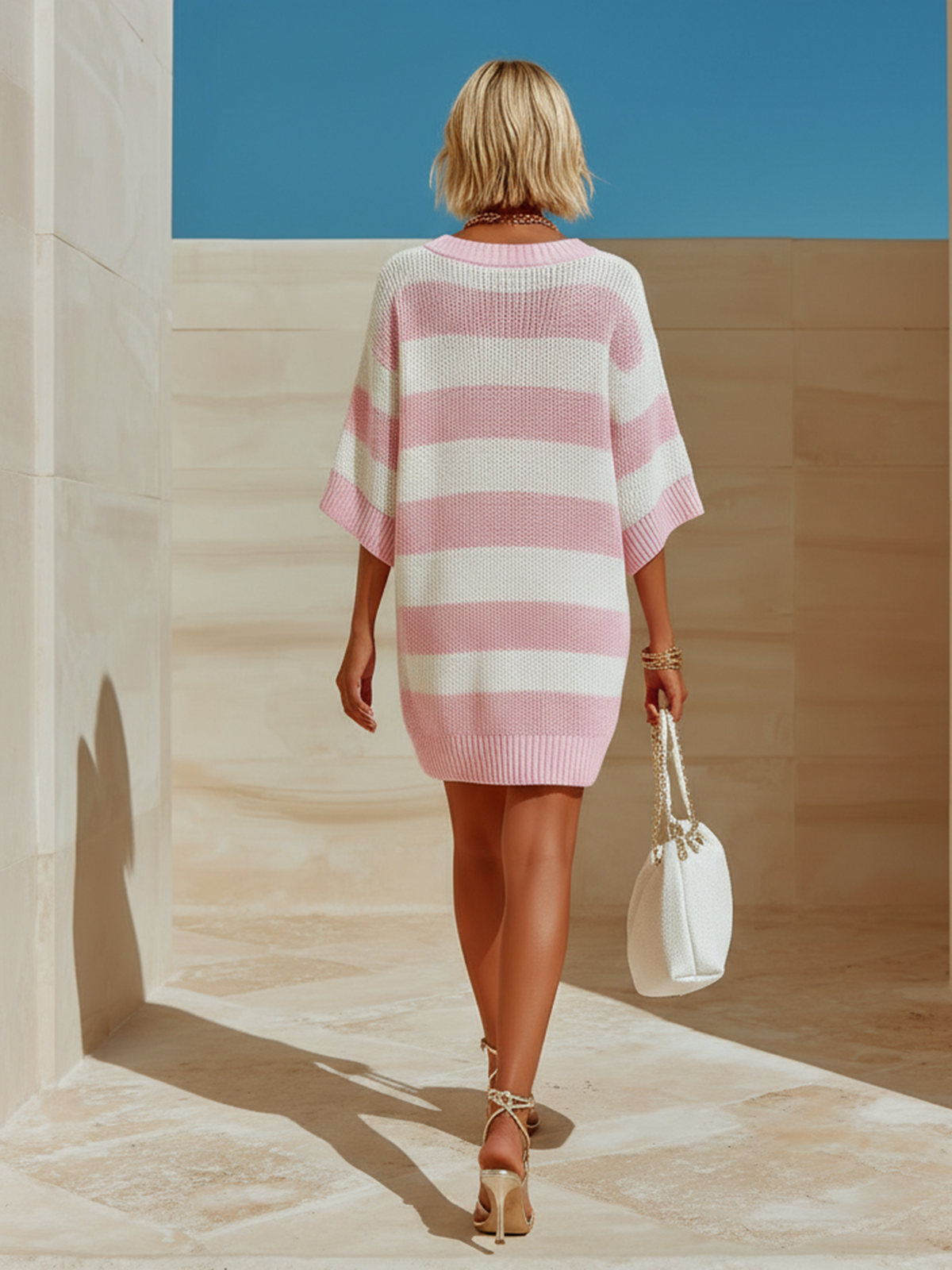 ElevenOra Chic Casual Pink-White Striped V-Neck Short-Sleeve Loose Ribbed Knit Mini Dress