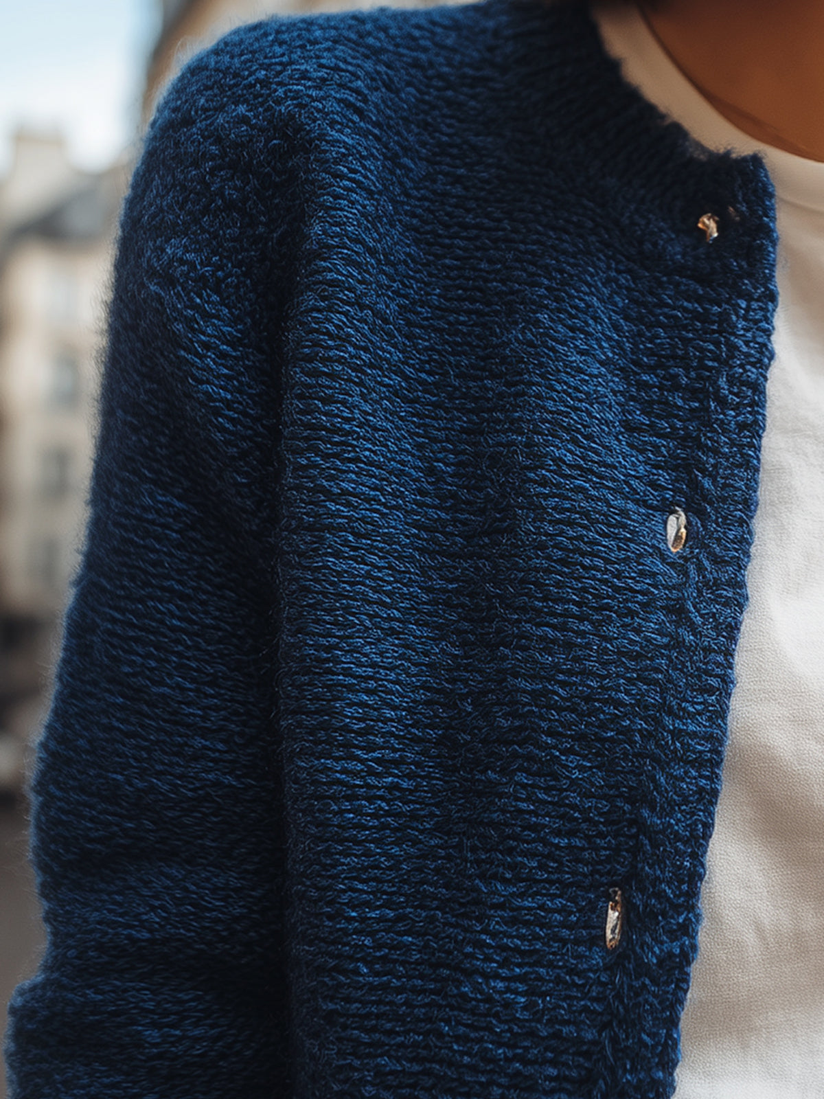 ElevenOra Chic Casual Dark Blue Crew Neck Gold Button Cropped Knit Cardigan