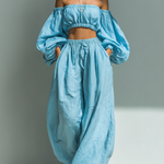 ElevenOra Stylish Elegant Light Blue Cooton Blend Off-Shoulder Long-Sleeved Cropped Top Loose-Fitting Tapered Pants Two-Piece Set