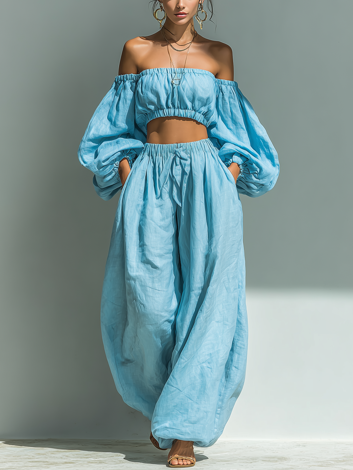 ElevenOra Stylish Elegant Light Blue Cooton Blend Off-Shoulder Long-Sleeved Cropped Top Loose-Fitting Tapered Pants Two-Piece Set