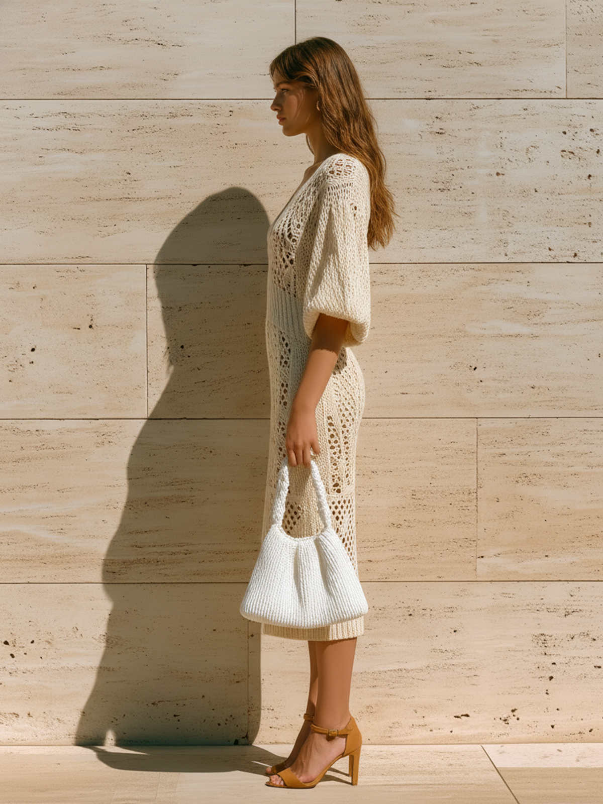 ElevenOra Chic Elegant Beige V-Neck Lantern Sleeve Slim Fit Hollow Knit Midi Dress