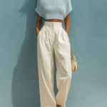 ElevenOra Stylish Elegant Light Blue Mock Neck Short-Sleeve Loose Sweater White Wide-Leg Pants Two-Piece Set