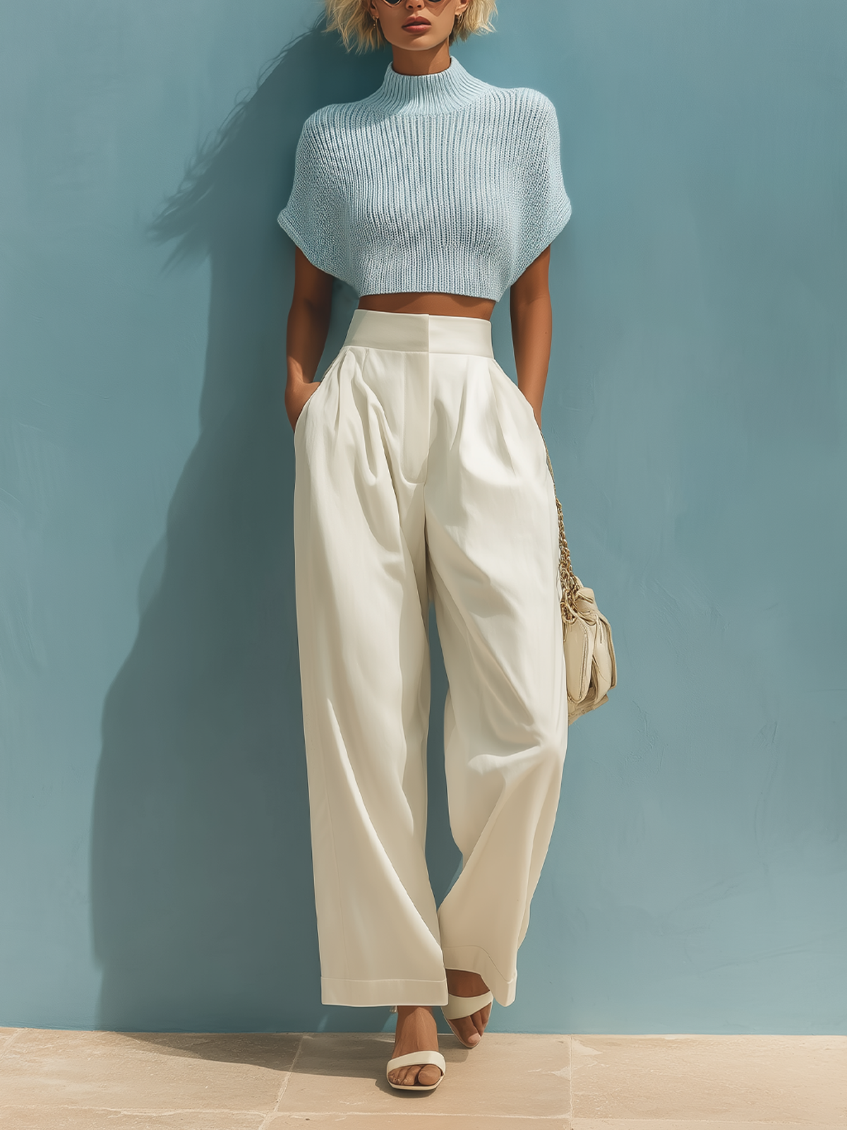 ElevenOra Stylish Elegant Light Blue Mock Neck Short-Sleeve Loose Sweater White Wide-Leg Pants Two-Piece Set