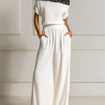 ElevenOra Chic Elegant White Off The Shoulder Contrast Lace Details Loose-Fit Top And Elastic Waist Maxi Skirt Ribbed Knit Two-Piece Set