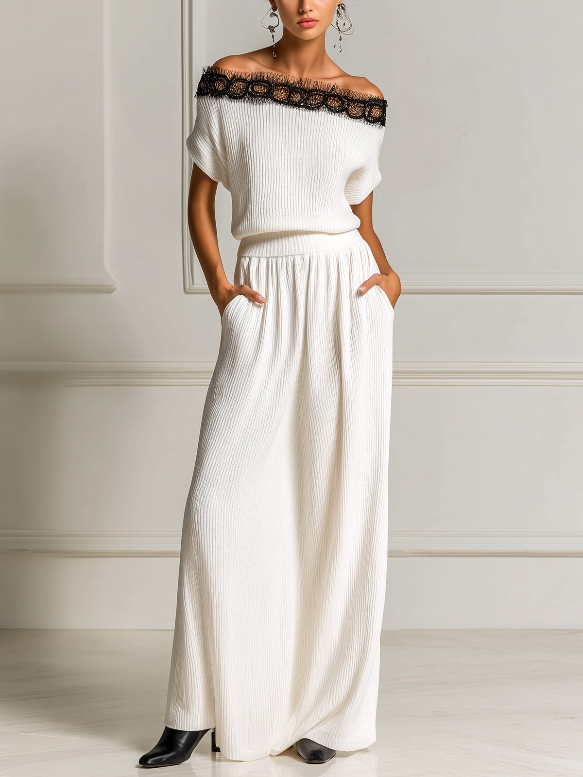 ElevenOra Chic Elegant White Off The Shoulder Contrast Lace Details Loose-Fit Top And Elastic Waist Maxi Skirt Ribbed Knit Two-Piece Set