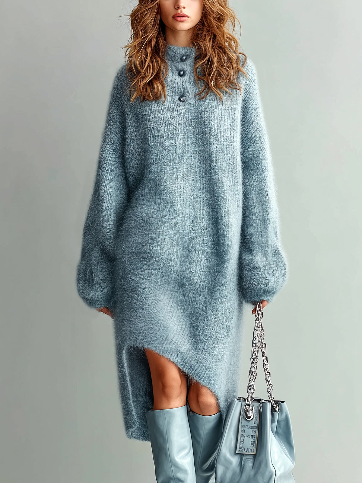 ElevenOra Chic Elegant Gray Henley Collar Long Lantern Sleeve Oversized Asymmetrical Hem Fuzzy Knit Midi Dress