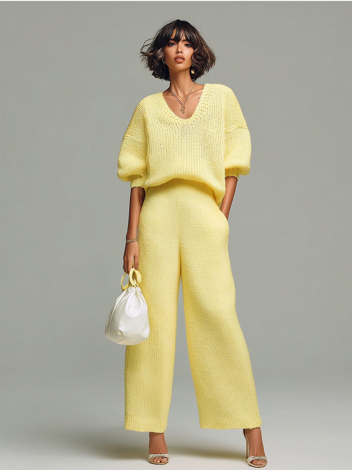 ElevenOra Chic Casual Yellow V-Neck Short-Sleeve Loose-Fit Top Wide-Leg Pants Ribbed Knit Two-Piece Set