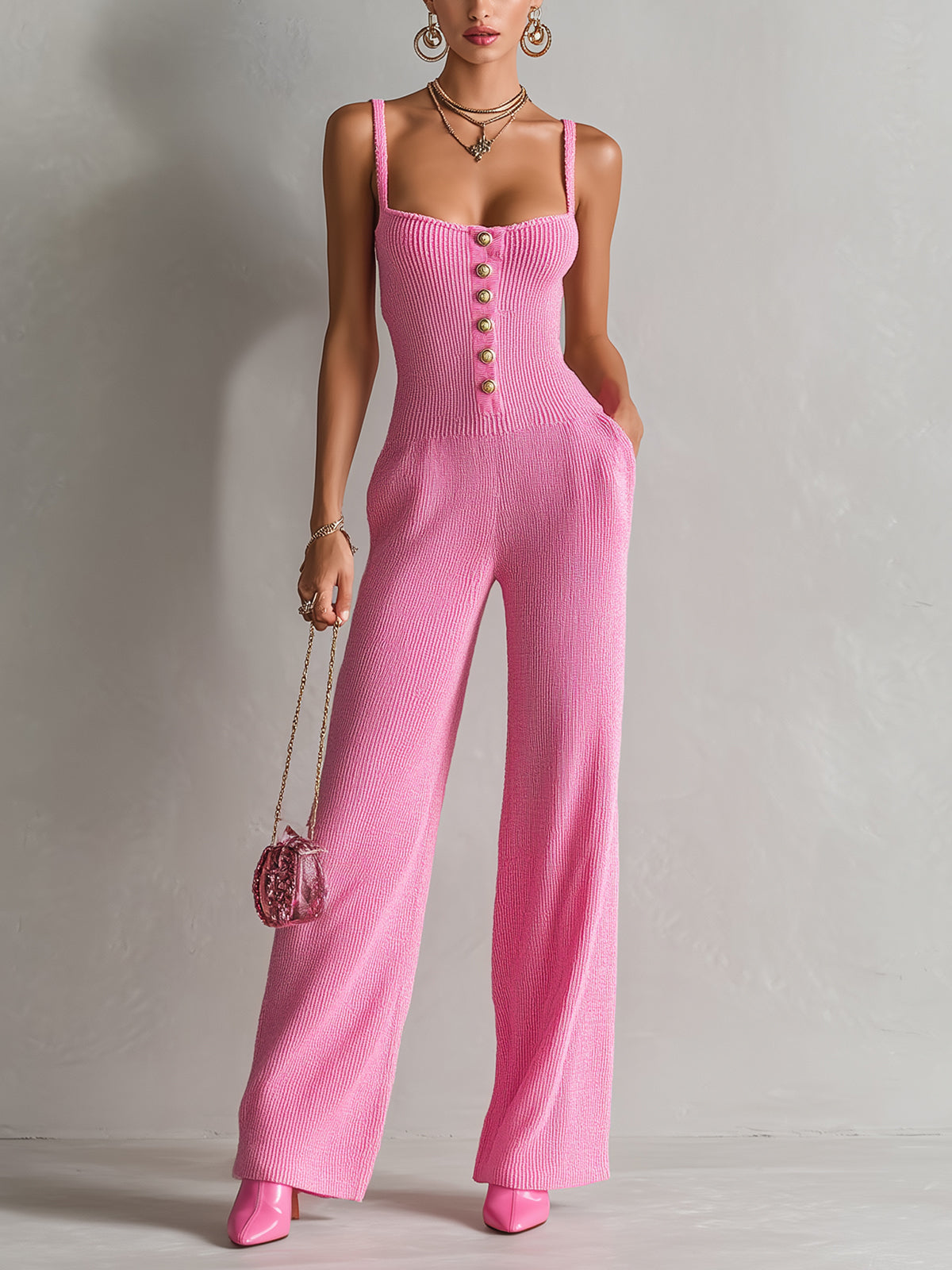 ElevenOra Chic Elegant Hot Pink Square-Neck Sleeveless Gold Button Details Slim-Fit Wide-Leg Ribbed Knit Jumpsuit