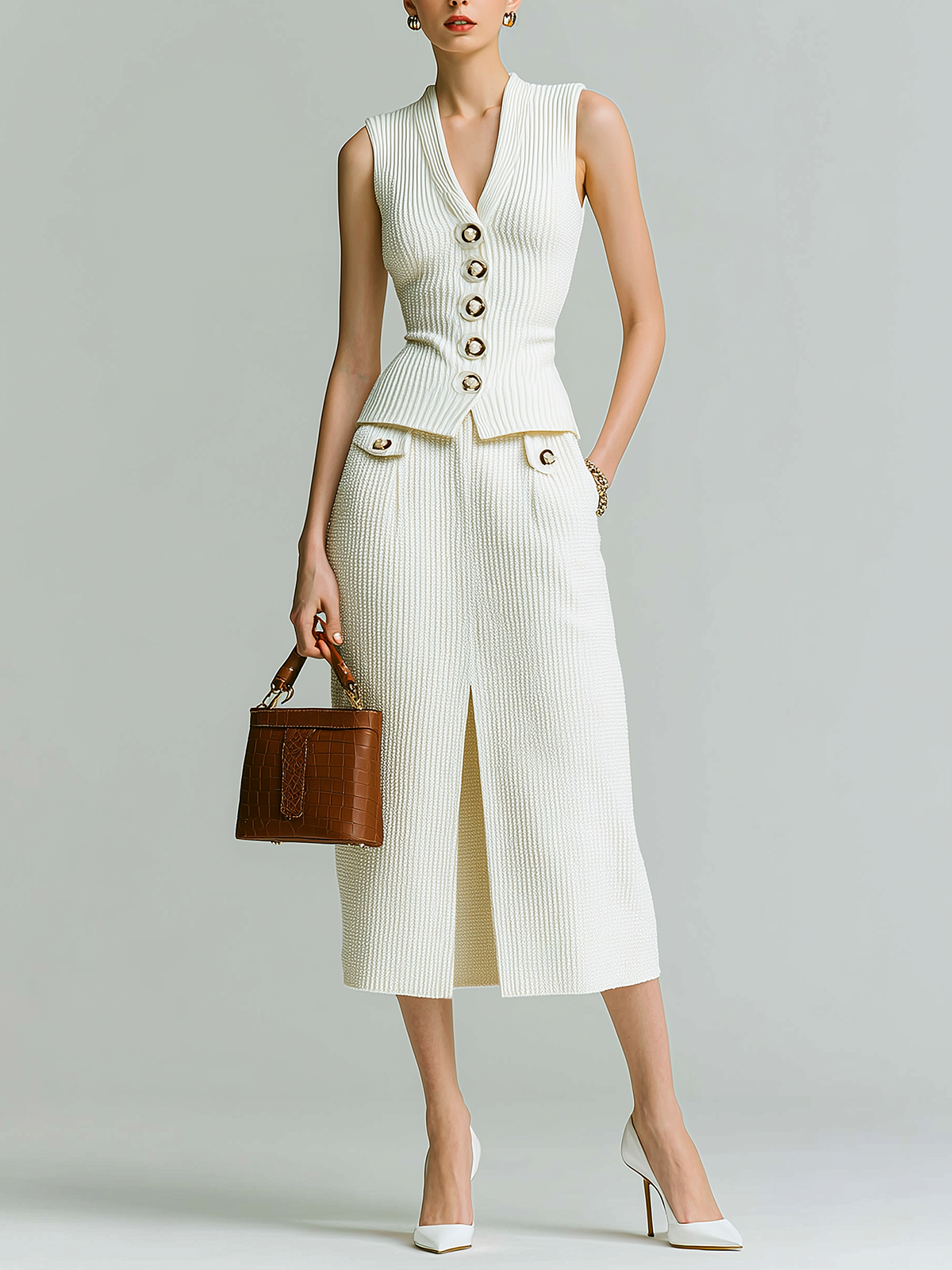 ElevenOra Stylish  Elegant Beige Deep V-neck Button-up Slim-fit Ribbed Vest Paired With A Front-slit Knit Midi Dress Two-piece Set