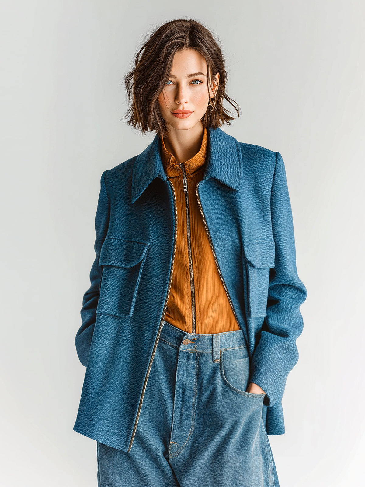 ElevenOra Chic Vintage Dark Blue Twill Wool Blend Lapel Zipper-Front Flap Pocket Jacket