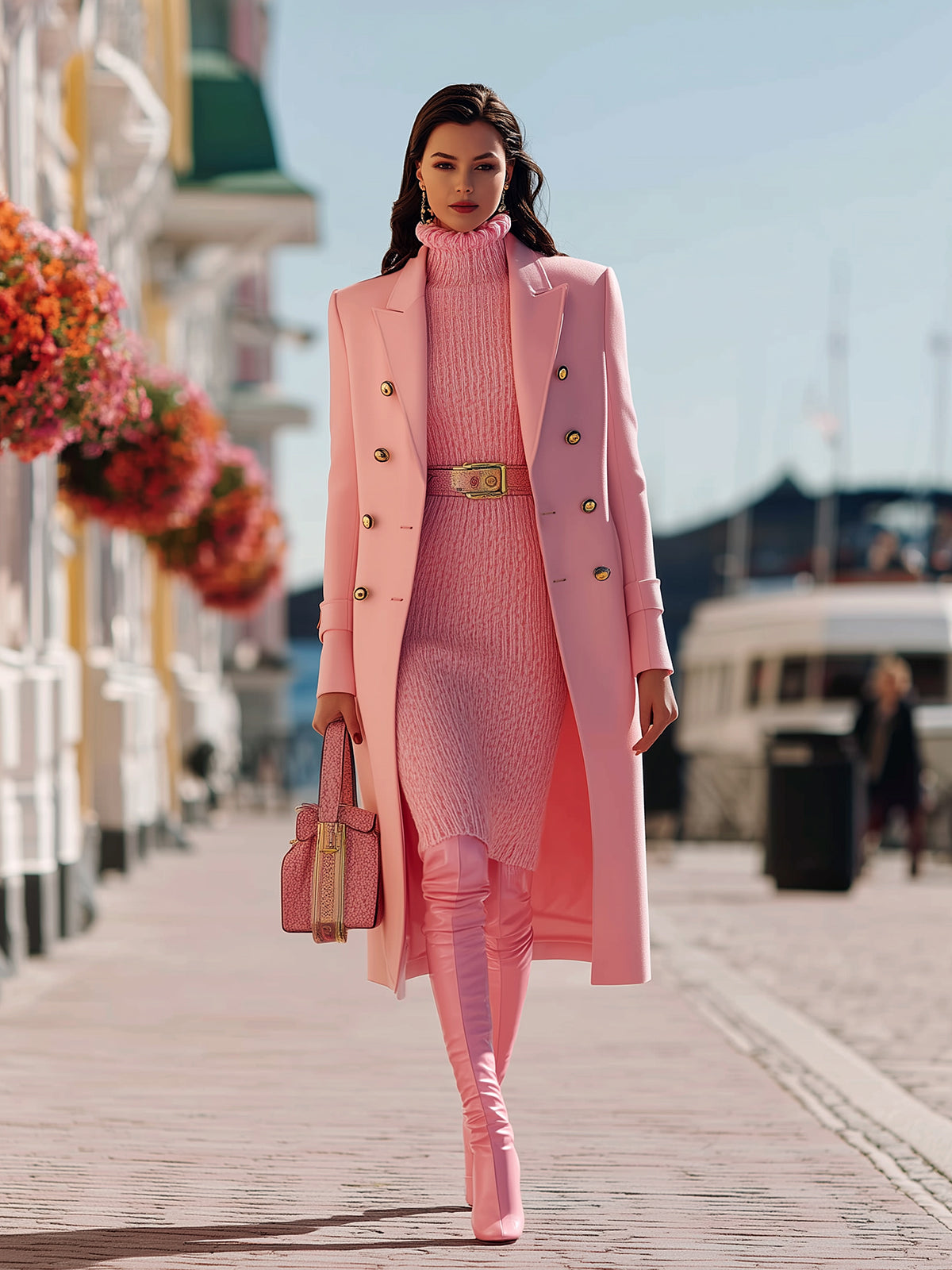 ElevenOra Stylish Pink Wool Blend Peak Lapel Double-breasted Mid-length Coat