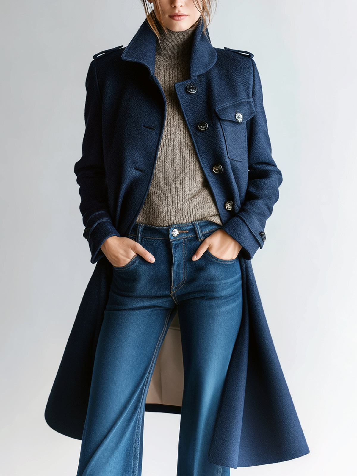 ElevenOra Chic Vintage Navy Blue Wool Blend Lapel Epaulet-Trimmed Single-Breasted Sophisticated Long Trench-Style Coat