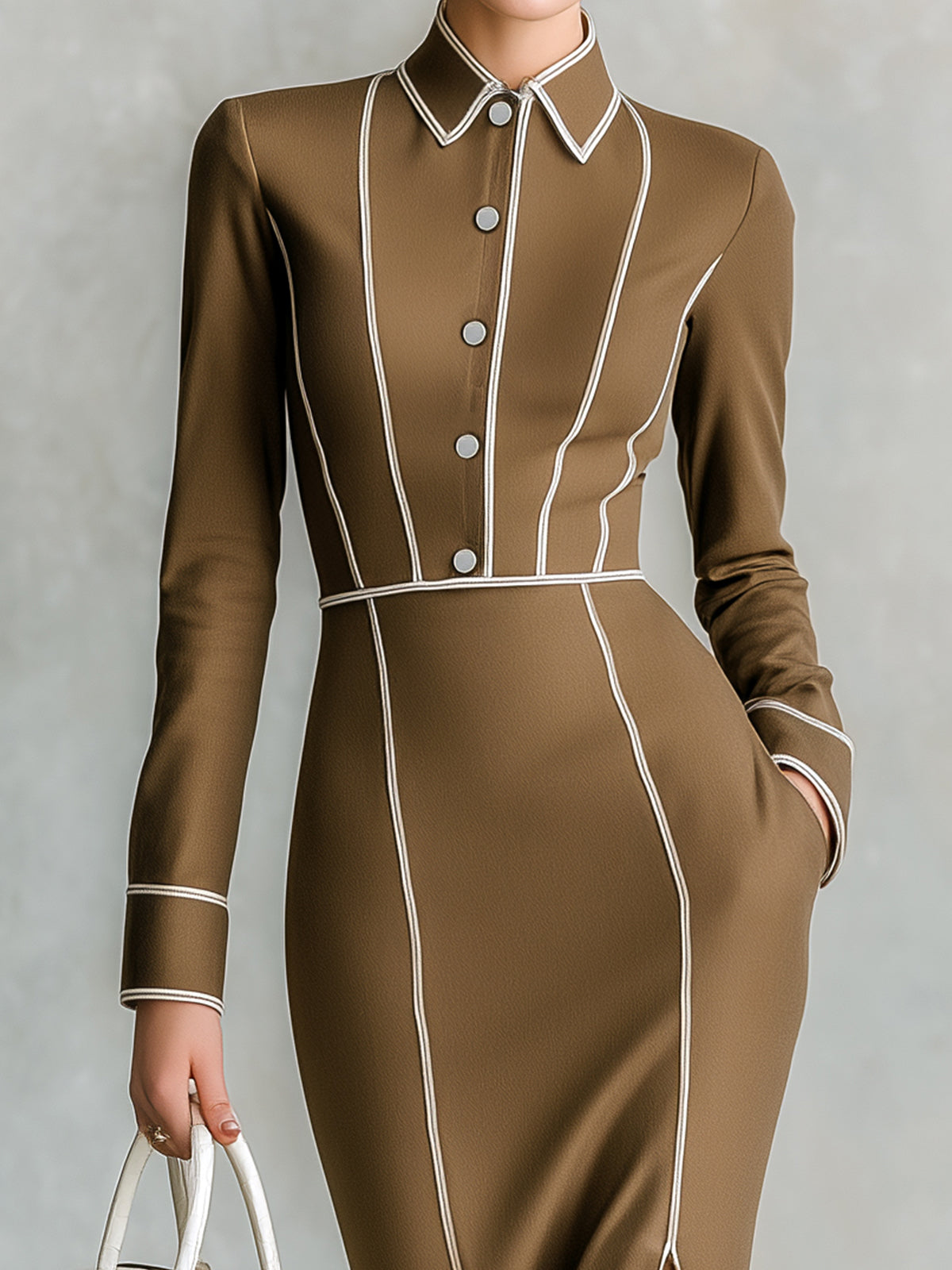ElevenOra Casual Office Shirt Collar Button Front Piping Detail Fitted Long Sleeve Side Slit Midi Dress
