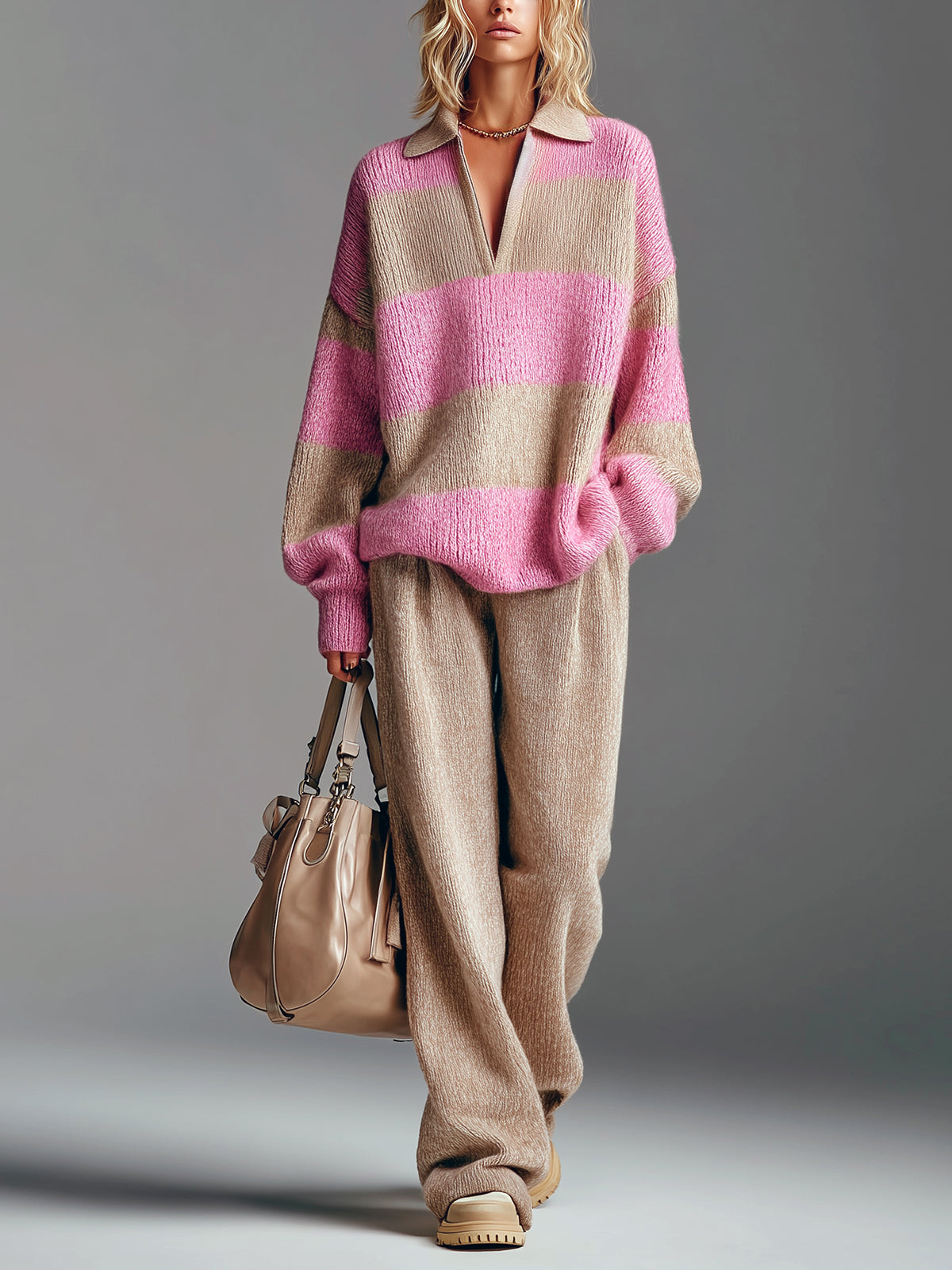 ElevenOra Chic Vintage Lapel V-Neck Contrast Stripes Oversized Long-sleeve Sweater Wide-leg Pants Knit Two-Piece Set