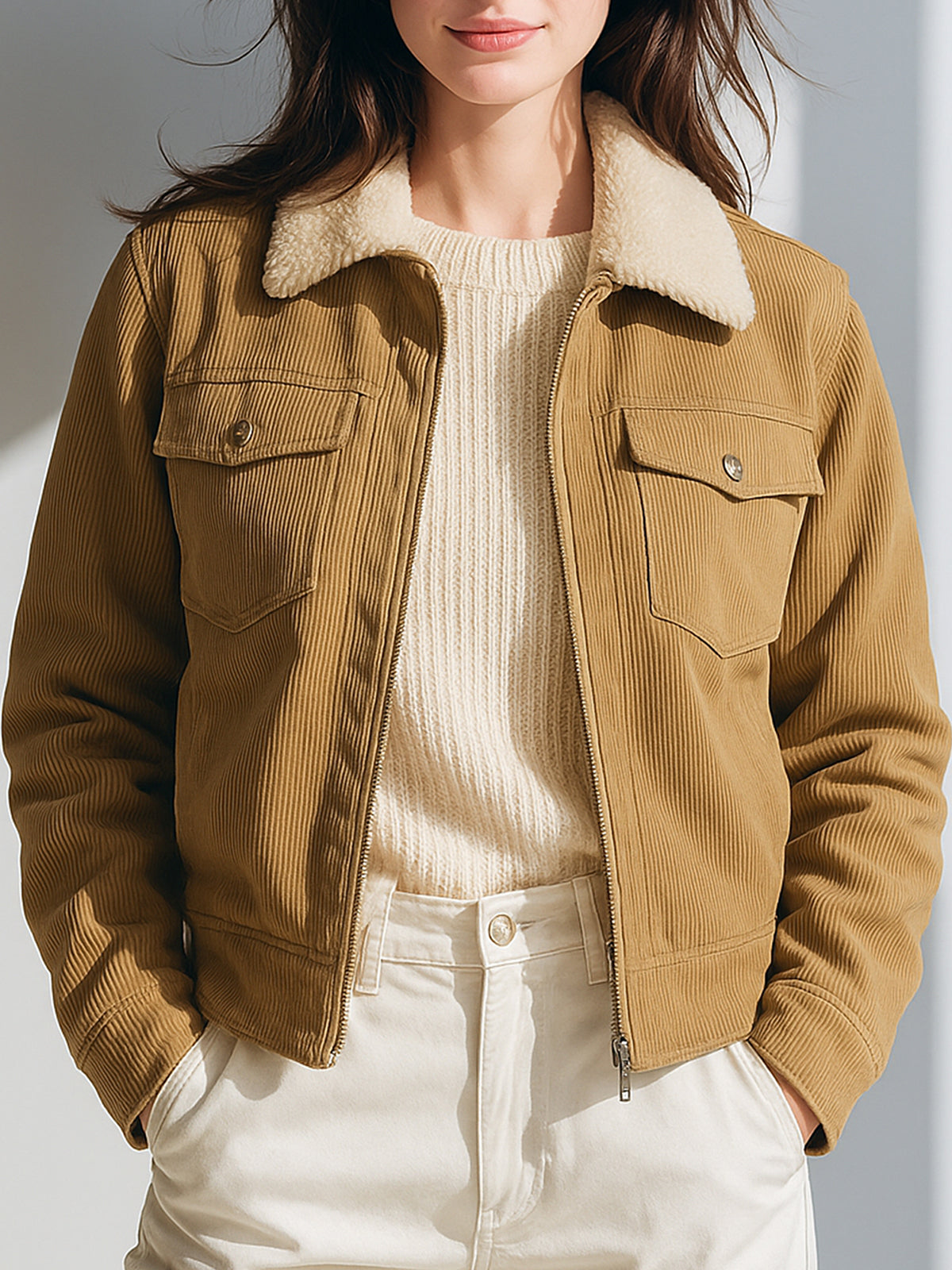 ElevenOra Casual Vintage Khaki Corduroy Faux Shearling Lapel Collar Zip-Up Cropped Jacket