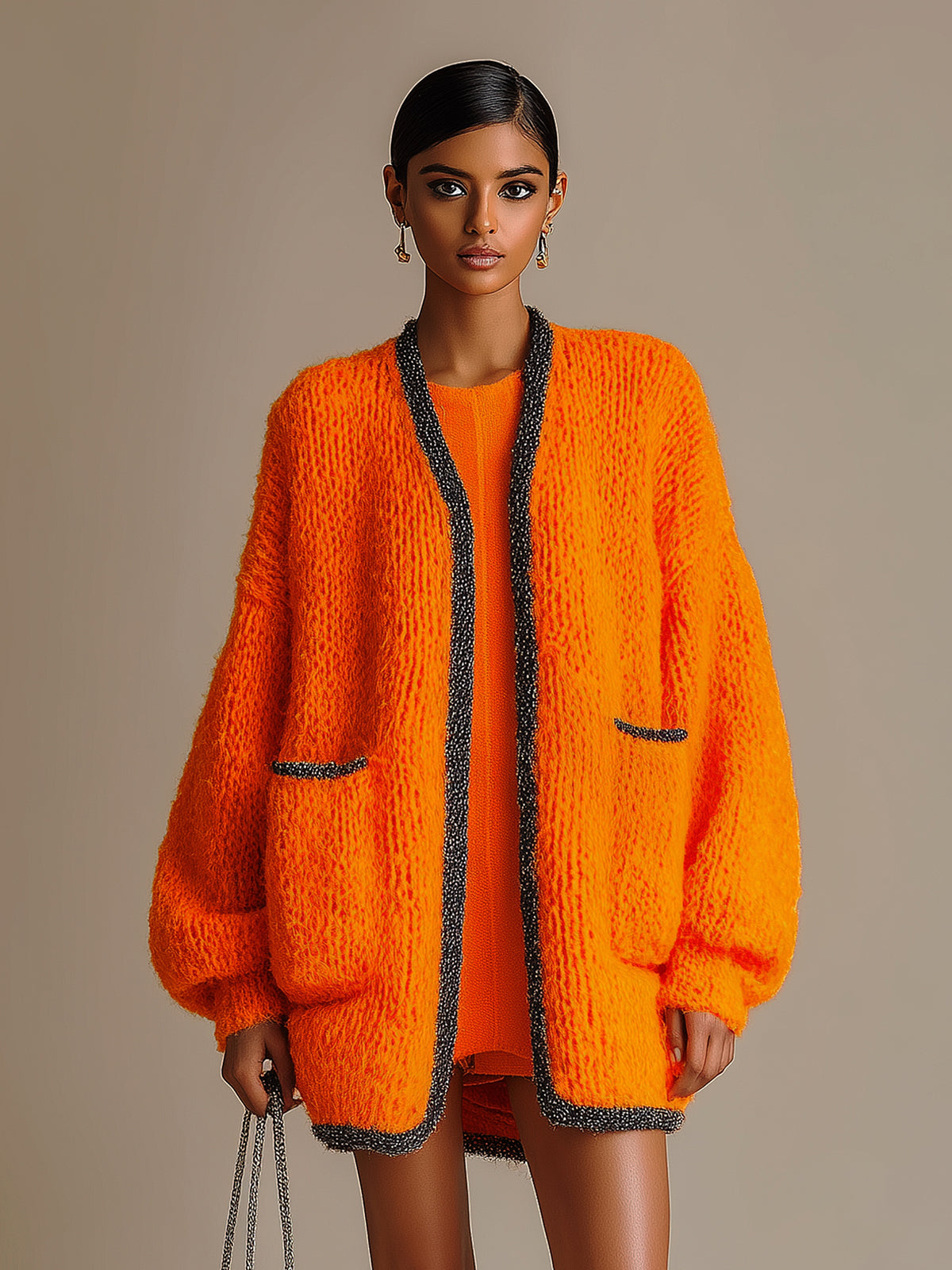 ElevenOra Chic Casual Orange Contrast Trim Patch Pockets Oversized Mid-Length Knit Cardigan