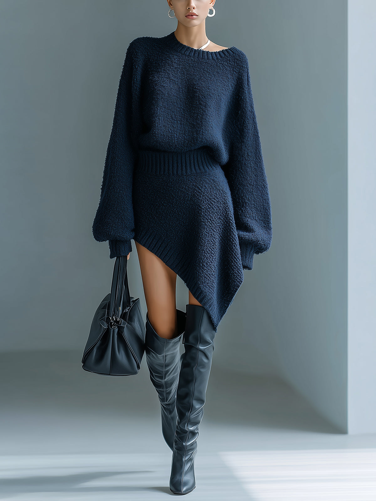 ElevenOra Chic Vintage Navy Blue Round Neck Lantern Sleeve Loose Sweater Top Asymmetrical Hem Mini Skirt Ribbed Knit Two-Piece Set