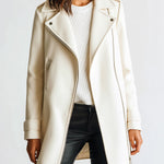 ElevenOra Chic Casual Cream White Wool Blend Lapel Asymmetric Zip Biker Style Mid-Length Warm Coat