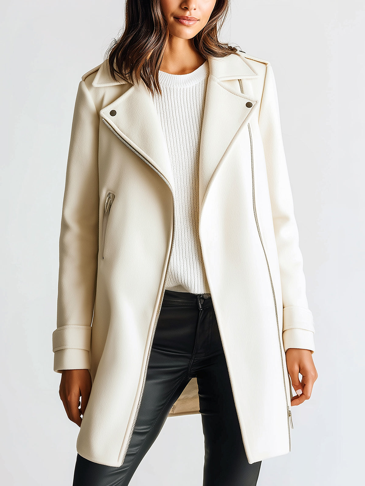 ElevenOra Chic Casual Cream White Wool Blend Lapel Asymmetric Zip Biker Style Mid-Length Warm Coat