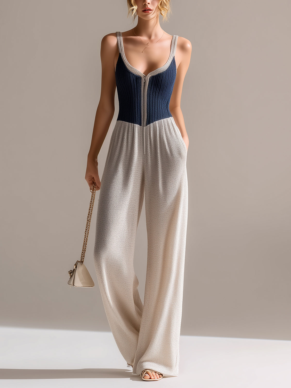 ElevenOra Chic Elegant Navy-Beige Colorblock Camisole V-Neck Zipper-Front Tailored-Waist  Wide Leg Knit Jumpsuit