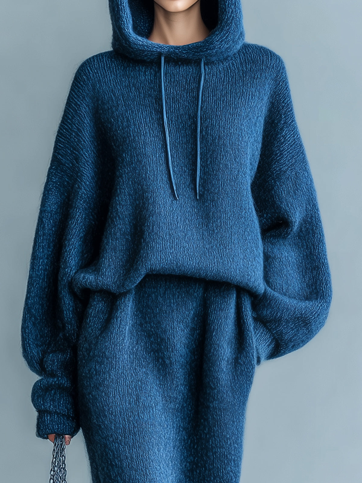 ElevenOra Chic Cozy Dark Blue Oversized Long Sleeve Hooded Sweater Elastic Waist Midi Skirt Knit Two-Piece Set