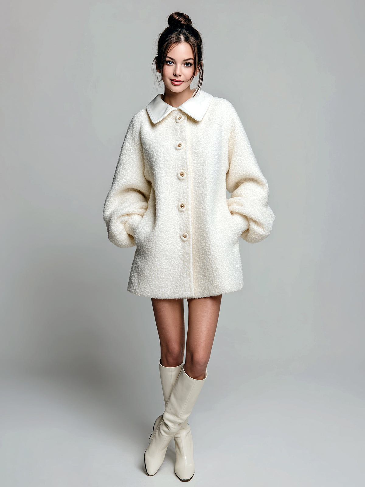 ElevenOra Vintage Textured Wool Blend Patchwork Peter Pan Collar Single-Breasted Puff Sleeves A-Line Mini Coat