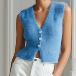ElevenOra Chic Casual V-Neck Single-Breasted Sleeveless Fit Fuzzy Mohair Knit Vest