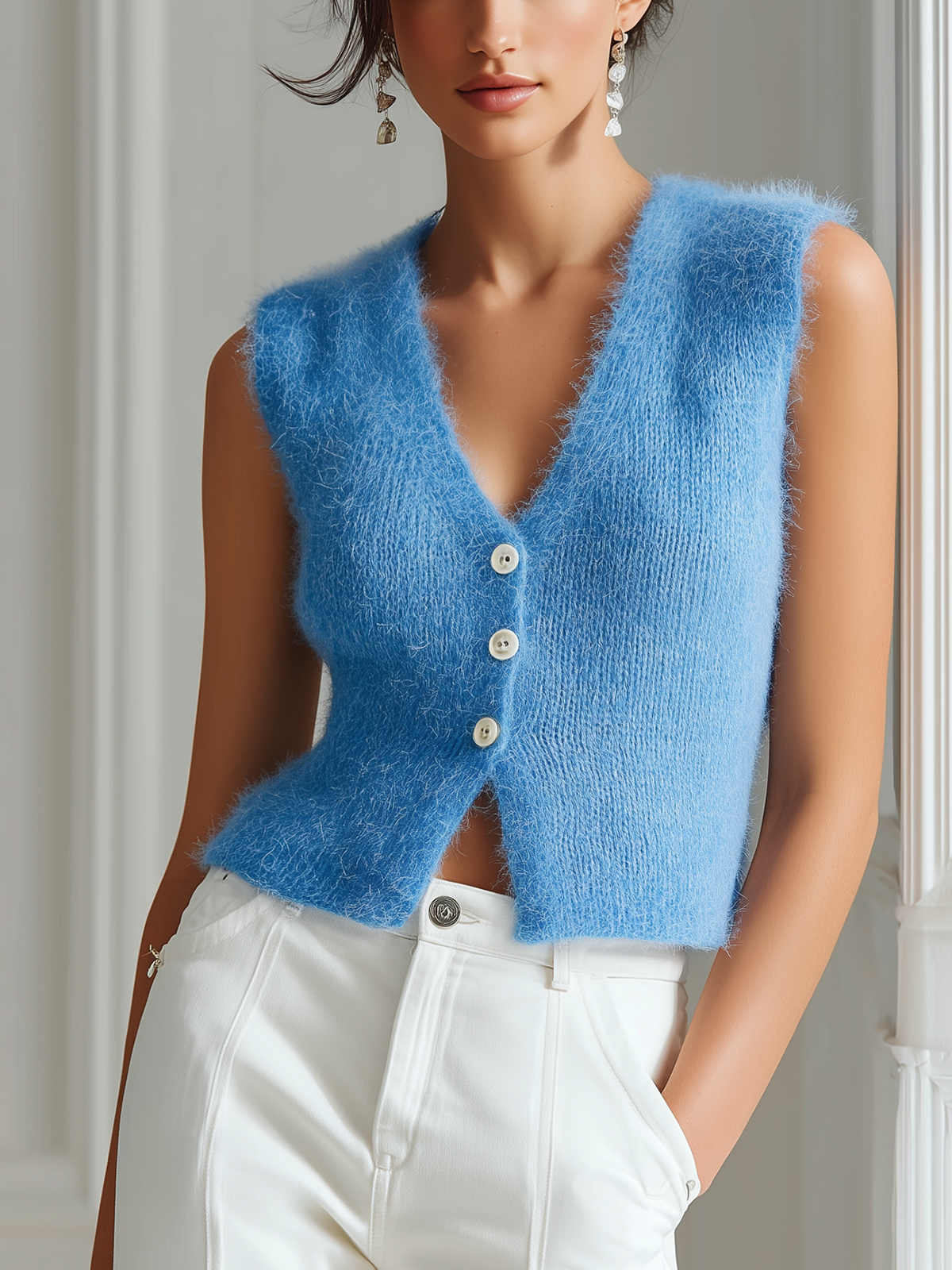 ElevenOra Chic Casual V-Neck Single-Breasted Sleeveless Fit Fuzzy Mohair Knit Vest