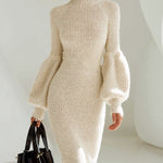ElevenOra Chic Elegant Beige Mock Neck Long Lantern Sleeve Tailored Long Sleeve Knit Midi Dress