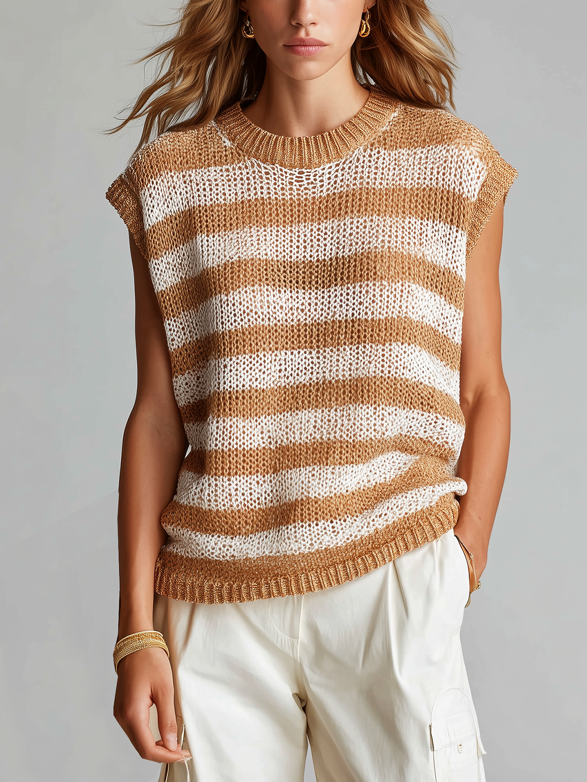 ElevenOra Chic Casual White -Camel Striped Crew Neck Sleeveless Loose-Fit Knit Vest Top