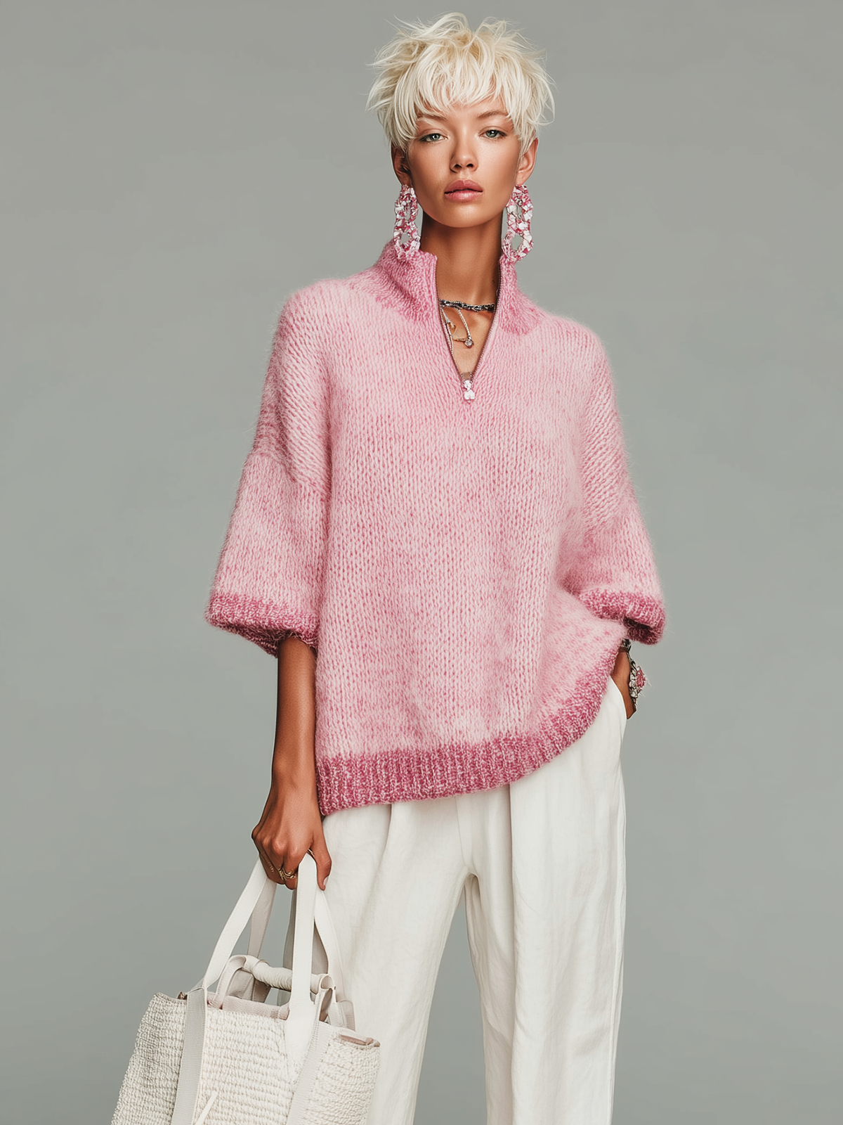 ElevenOra Stylish Casual Pink Stand-collar Zippered Short-sleeved Loose Knit Sweater Top