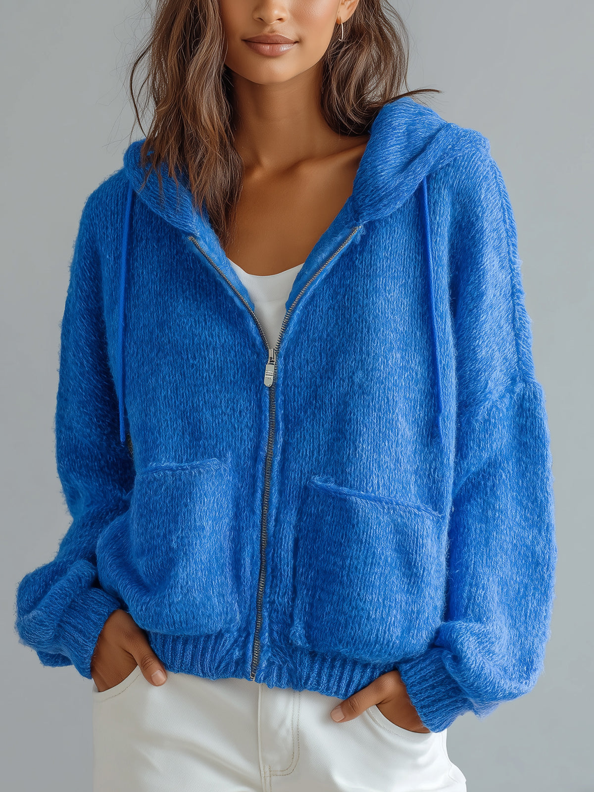 ElevenOra Casual Chic Royal Blue Hooded Full-Zip Double Pocket Oversized Knit Slouchy Cardigan