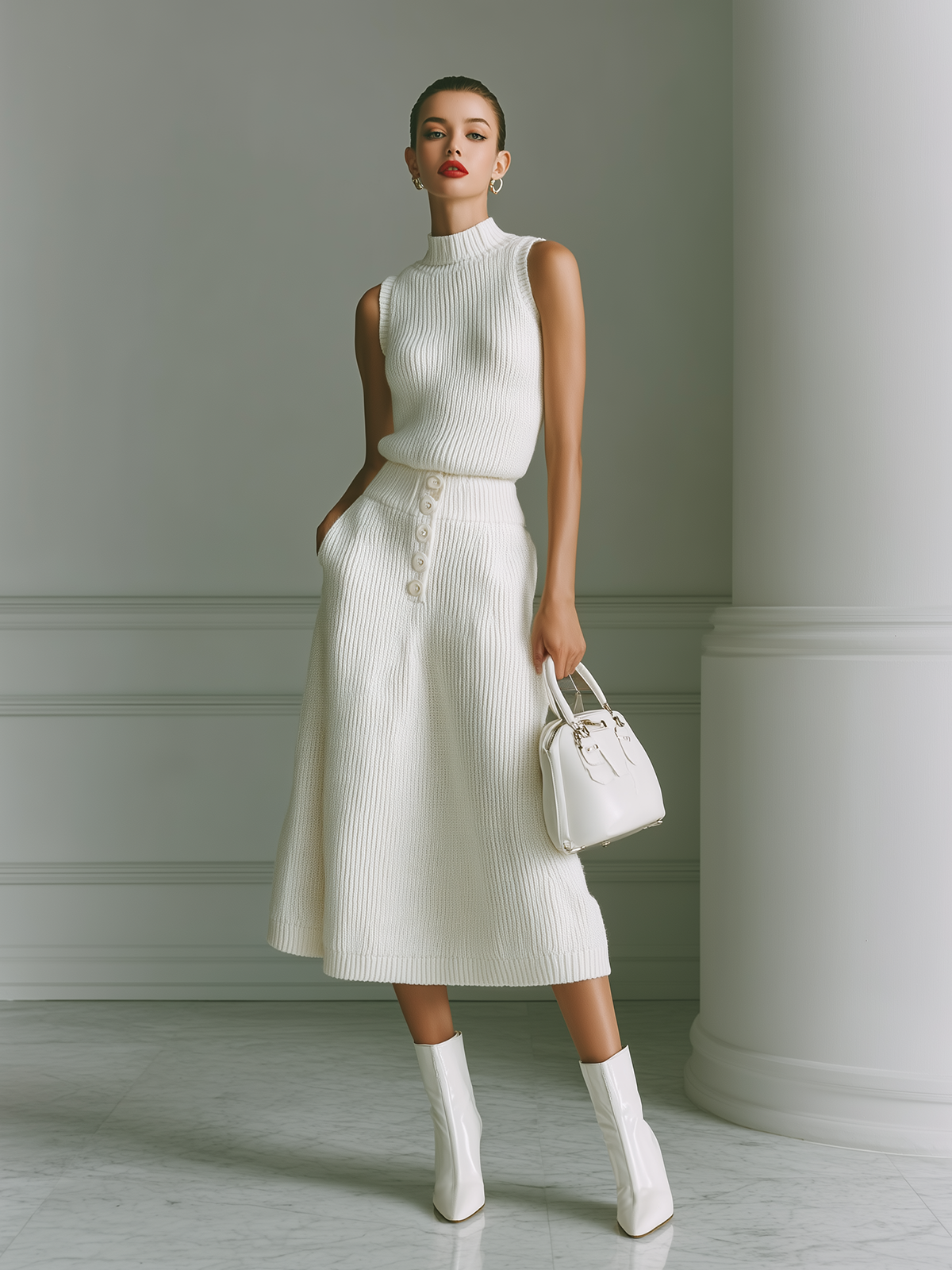 ElevenOra Chic Elegant White Mock Neck Sleeveless Oversize Sweater Top And A-Line Button Patch Pocket Midi Skirt Knit Two-Piece Set