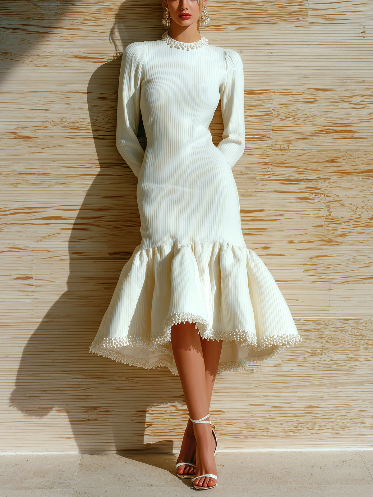 ElevenOra Chic Vintage Cream White Round Neck Puff Sleeve Pearl-Trimmed Long Sleeve Ribbed Mermaid Midi Dress