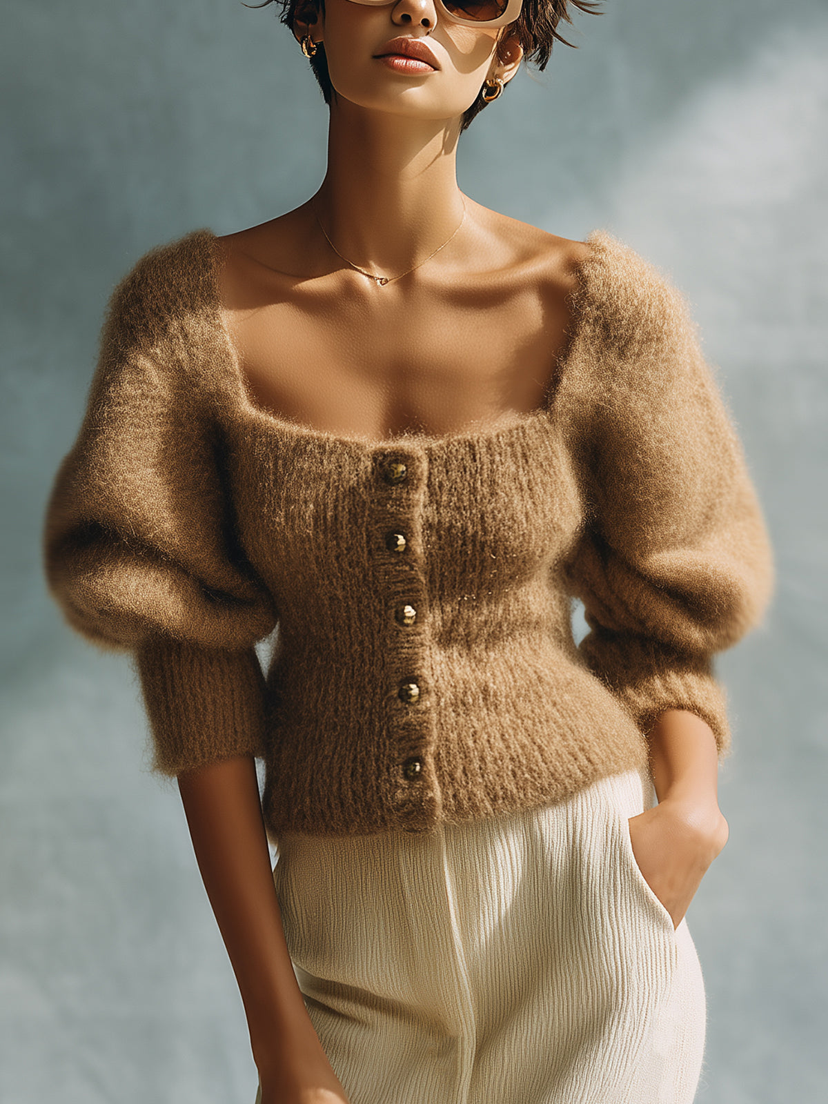 ElevenOra Chic Vintage Brown Square Neck Short Sleeve Button Details Slim-Fit Knit Sweater Top