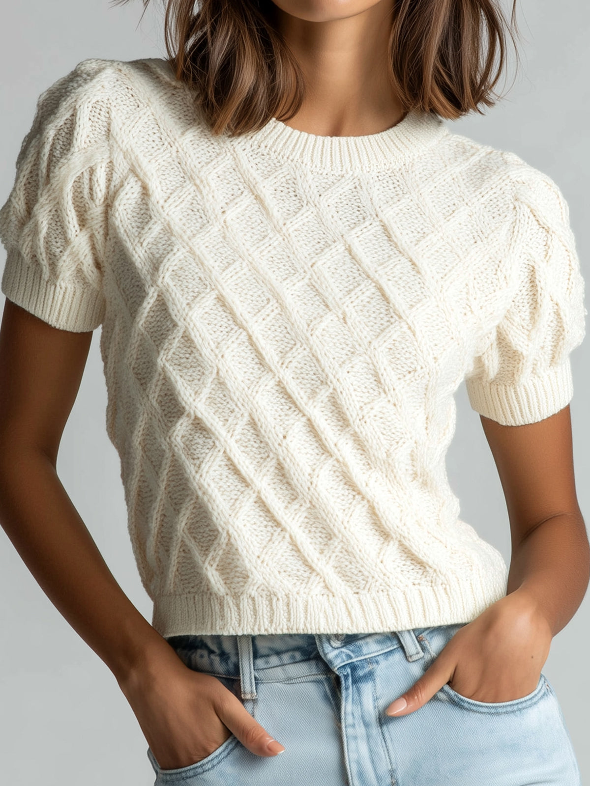 ElevenOra Chic Elegant Cream White 3D Diamond Pattern Jacquard Round-Neck Short-Sleeve Cropped Knit Sweater Top