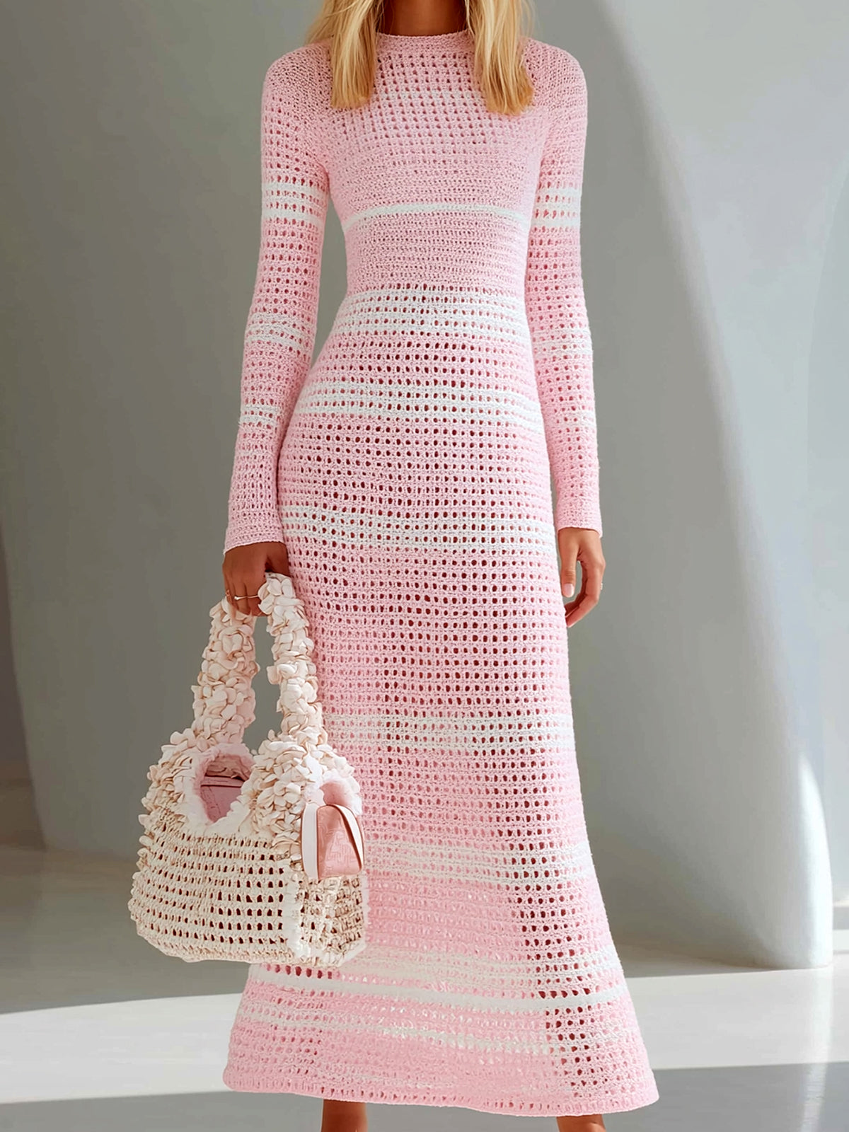 ElevenOra Chic Elegant Pink-White Stripes Round-Neck Long-Sleeve Tailored Waist A-Line Mesh Knit Holiday Maxi Dress