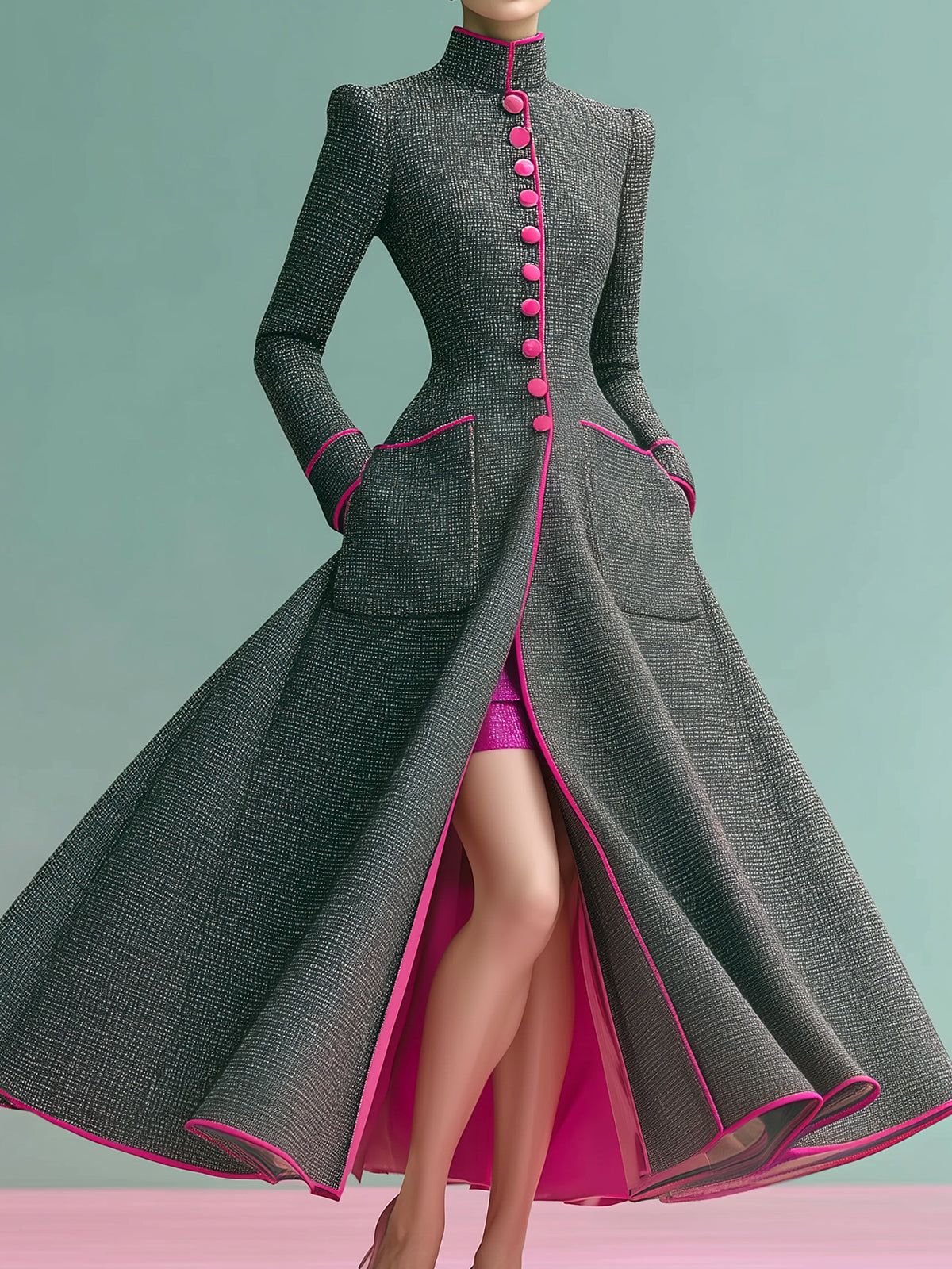 ElevenOra Vintage Elegant Wool Blend Stand Collar Single-breasted Contrast Trim Tailored Waist Maxi Dress Coat