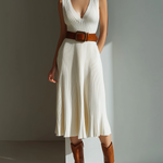 ElevenOra Chic Casual White Deep V-Neck Sleeveless Belted Slim-Fit Ribbed Knit Midi Dress